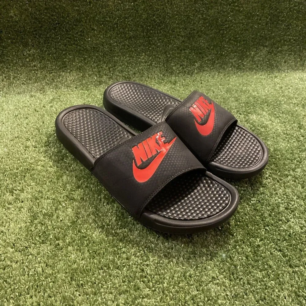 Nike Benassi JDI Slides Men’s Size 12 Black/Red Flip Flops Swoosh Shoes NEW